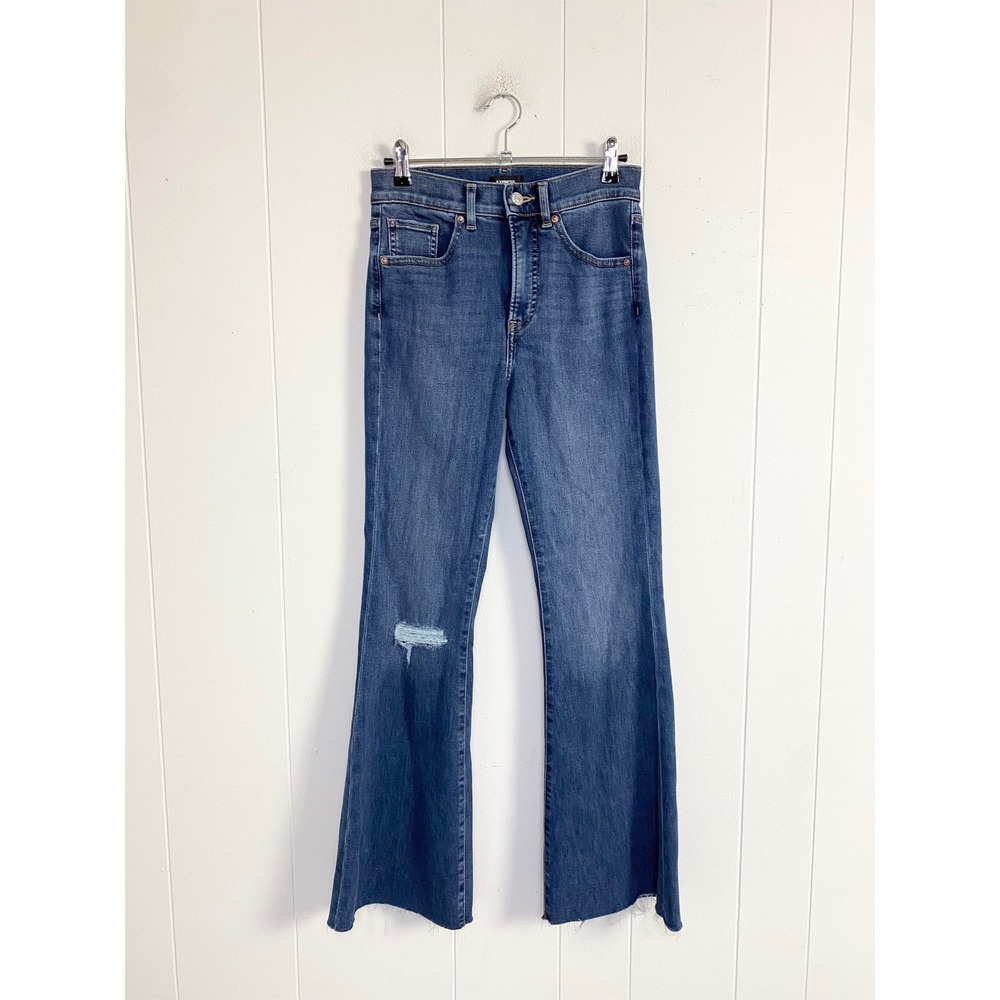 Express Womens Size 2S Flare High Rise Blue Distressed Raw Hem Jeans